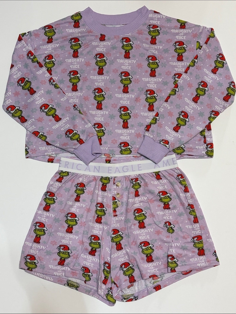 American Eagle AE Lounge Grinch Naughty or Nice Pajama Set Small Christmas